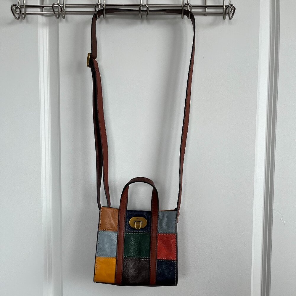 FOSSIL~ Multicolor Leather Crossbody Bag w/ Turnlock & Brass Tone Hardware - Picture 2 of 15